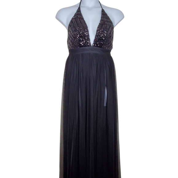 Rubber Ducky Sequin Halter Neck Maxi Dress Size M Front Slits Black Gown Mesh - Picture 3 of 14
